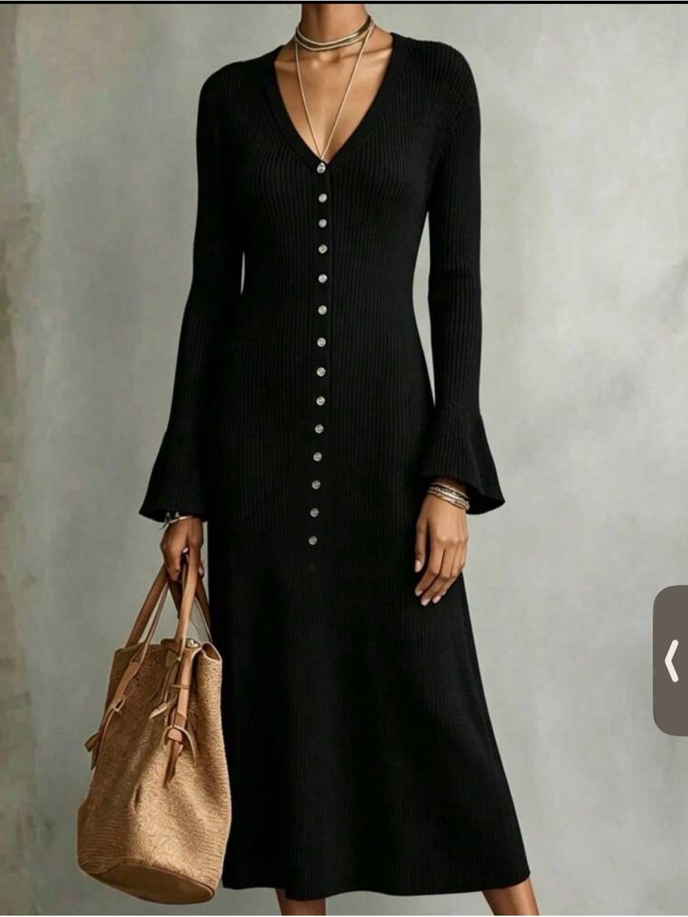 Black V-Neck Button-Front Long Sleeve Dress